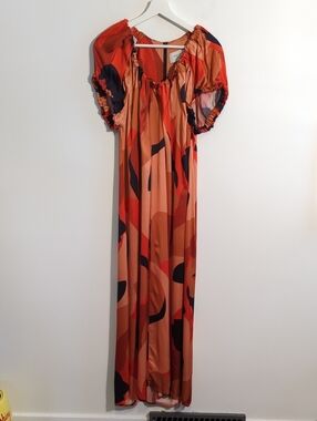 VERONIKA MAINE Abstract Maxi Dress in Burnt Orange, Rust and Navy